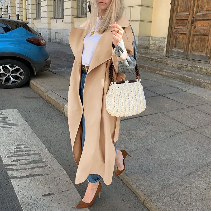 Simplee Causal light tan autumn women trench coat Split joint elegant long sleeve coat Plaid long coat with belt windbreaker