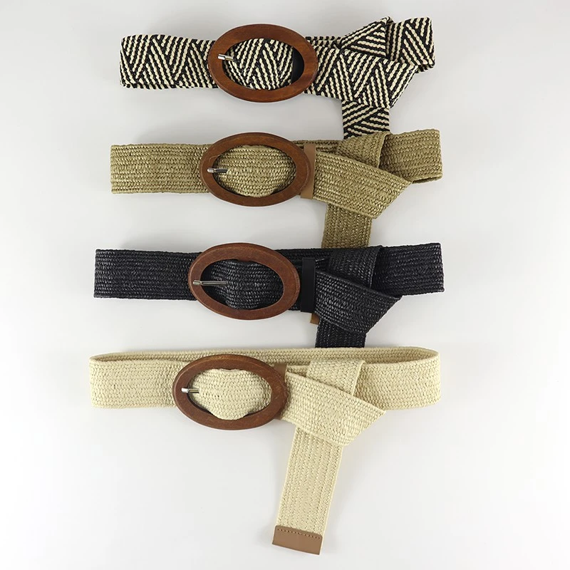 de cuero de estilo pastoral para mujer, banda elástica de 4cm, ovalada de tamaño libre, material de paja PP de madera tejido, de moda|Cinturones de mujer| - AliExpress