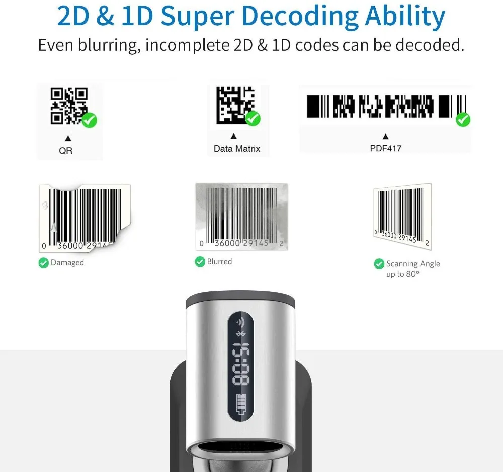 Сканер штрих-кодов беспроводной проводной QR считыватель штрих-кодов 1D 2D изображения Портативный bluetooth-сканер поддержка матрицы данных PDF417 для POS