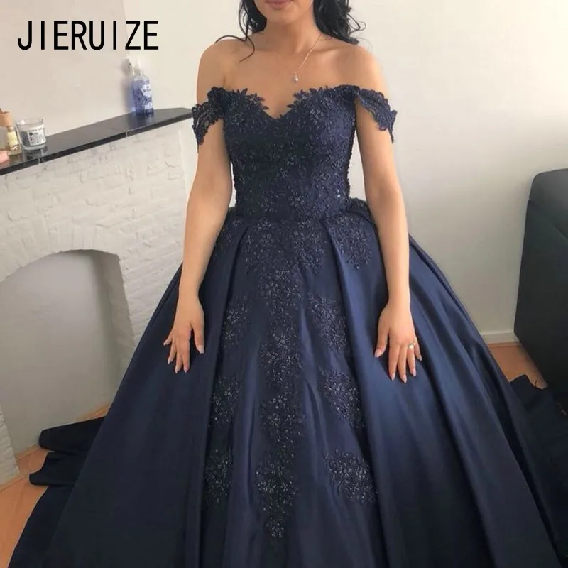 JIERUIZE, темно-синее бальное платье, свадебные платья с открытыми плечами, аппликация, шнуровка на спине, свадебные платья, платье невесты