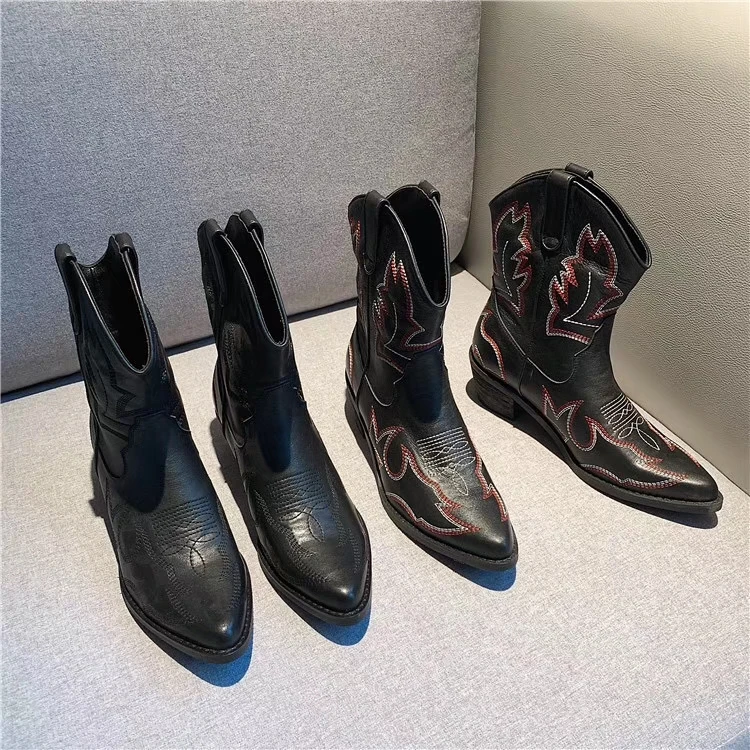 

Pointed Toe European Stylish Heels Short Booties Embroidered Woman Shoes Autumn Women Ankle boots Leather Black Chelsea Boots