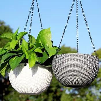 

Imitation Rattan Weaving Chain Hanging Planters Flower Pot Basket Garden Pot Office Balcony Baskets Plastic Vase Convenient