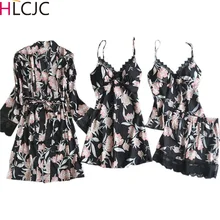 Атласная женская пижама из 4 предметов, сексуальная пижама с v-образным вырезом+ шорты+ ночная рубашка+ халат, домашняя одежда, повседневная Пижама, пижама с цветочным рисунком, комплект, кружевное кимоно, банное платье