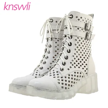 

Clear Thick Sole Motorcycle Boots Woman Cut Outs Chelsea Boots Ladies Platform Shoes Belt Buckle Chunky Heel Ankle Boots Women