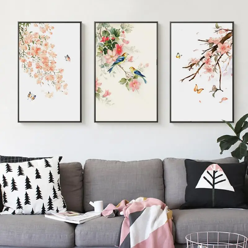 Chinese Retro Style Watercolor Pink Flowers Bird Butterflies Landscape Canvas Print Traditional Living Room Decorative Poster | Дом и сад