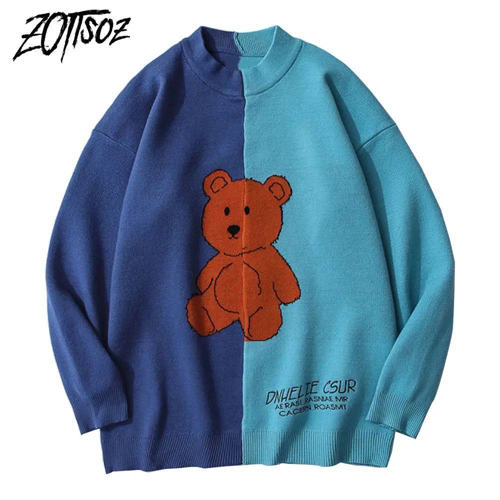 

ZOTTSOZ Pullover Sweaters Hip Hop Casual Men Women Knitted Cartoon Bear Harajuku Streetwear Two Tone Knitwear Jumpers Tops Coat