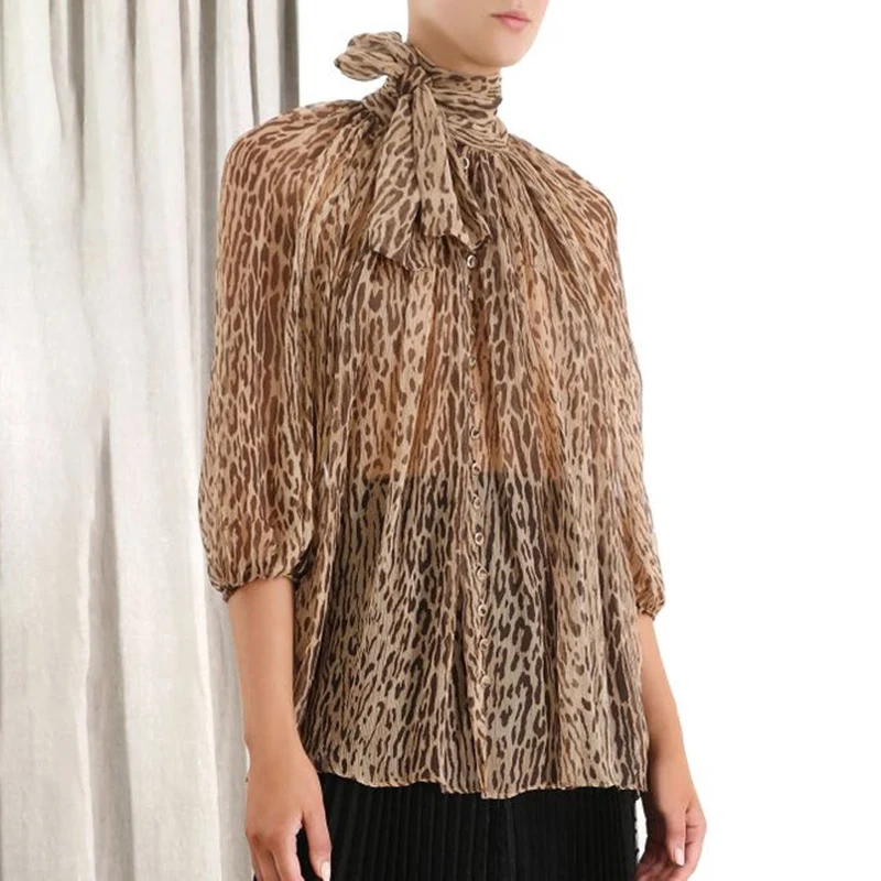 

Women Leopard Blouse Vintage Bowknot Stand Collar Autumn Chiffon Shirt Blusas 2019 Fall