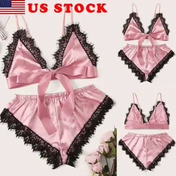 

2pcs Women Sexy Satin Lace Sleepwear Babydoll Lingerie Nightdress Pajamas Set US