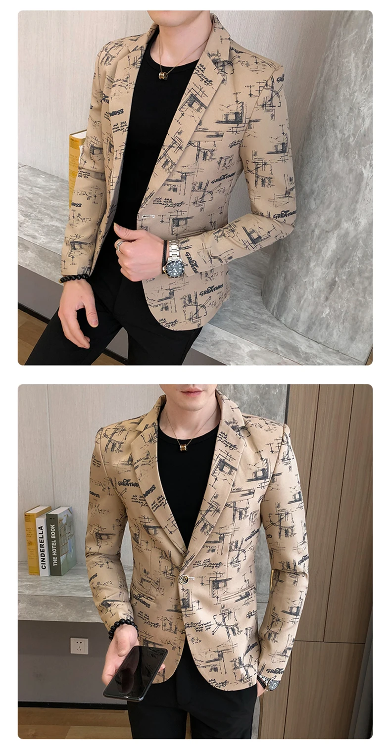 Men Blazer 2022 Spring Fashion High-quality Men Korean Version of The Printed Slim Formal Wedding Party Prom Suit Jacket