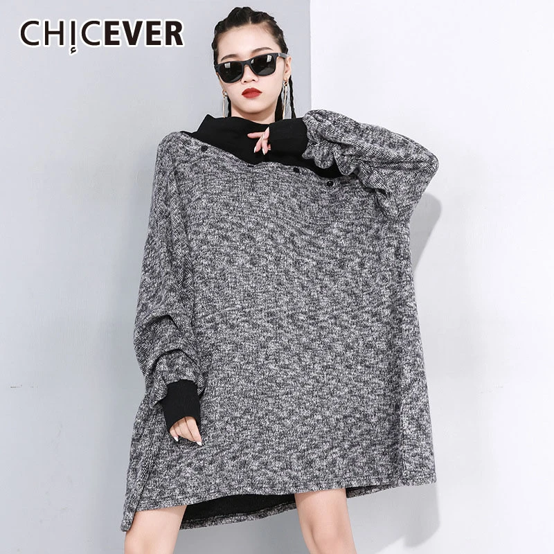 CHICEVER корейский стиль, лоскутные цветные женские толстовки со стоячим воротником и рукавами-фонариками, свободные пуловеры, женская одежда