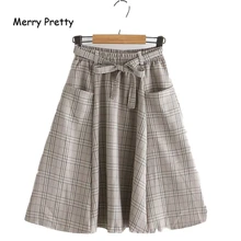 Merry Pretty, хлопковые Женские клетчатые юбки с поясом, осень, высокая талия, карманы, плиссированные юбки, Женская Повседневная Свободная юбка