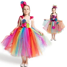 Радужное платье ярких цветов; милый костюм для девочек на карнавал; День рождения; леденец для детей; платье-пачка с цветочным узором и повязкой на голову; Милая нарядная одежда