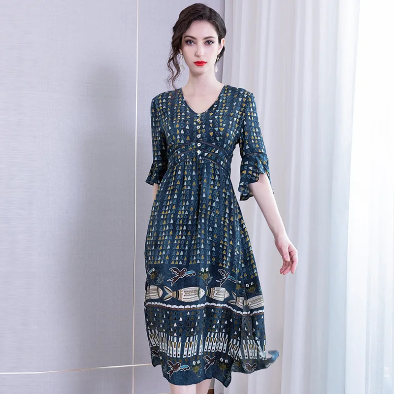 Echte zijde jurken vrouwen natuurlijke zijde 2019 hoge kwaliteit meisjes werk boho blauw gebloemde jurk slanke elegante plus size mid mouw Echte zijde jurken vrouwen natuurlijke zijde 2019 hoge kwaliteit meisjes werk boho blauw gebloemde jurk slanke elegante plus size mid mouw