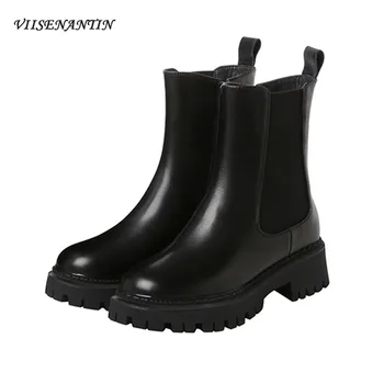 

Women's Thick-soled Leather Ankle Boots Round Toe Mid-heel Plus Fleece Short Boots Winter New Style Thick-heeled Chelsea Boots