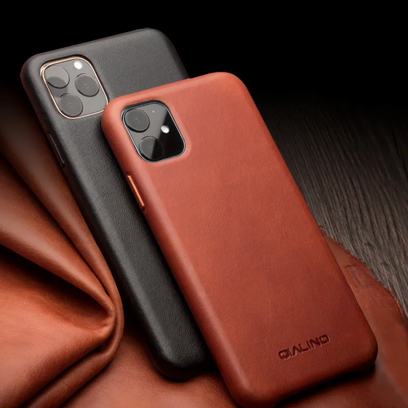 QIALINO роскошные чехлы из натуральной кожи для Apple iphone 11 Pro Max Мягкий сенсорный тонкий металлический Объем Кнопка задняя крышка чехол