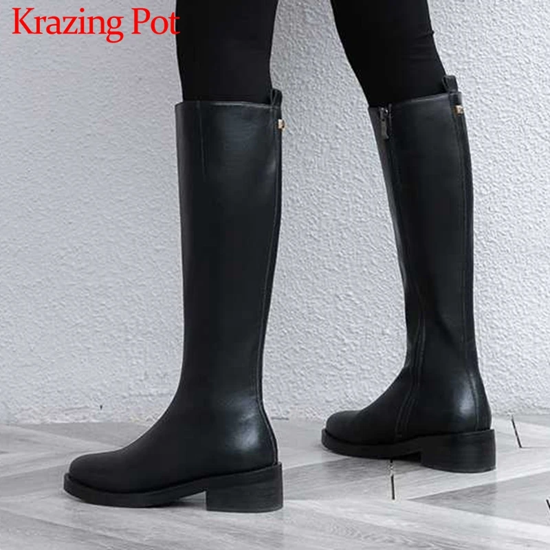 

Krazing Pot classic basic daily wear cow leather round toe med heels Zipper winter warm simple style solid thigh high boots L86