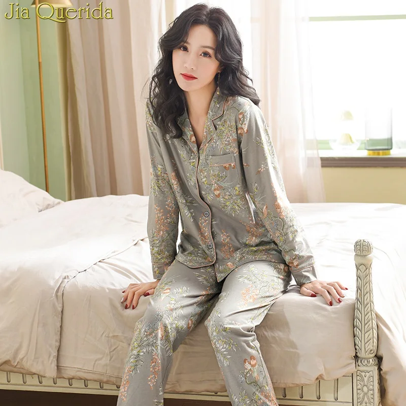 Spring Fall Long Sleeves Pajamas Set 2 Pcs Cotton Sleeping Suit Loungewear Home Suit for Women Floral Female Pajamas