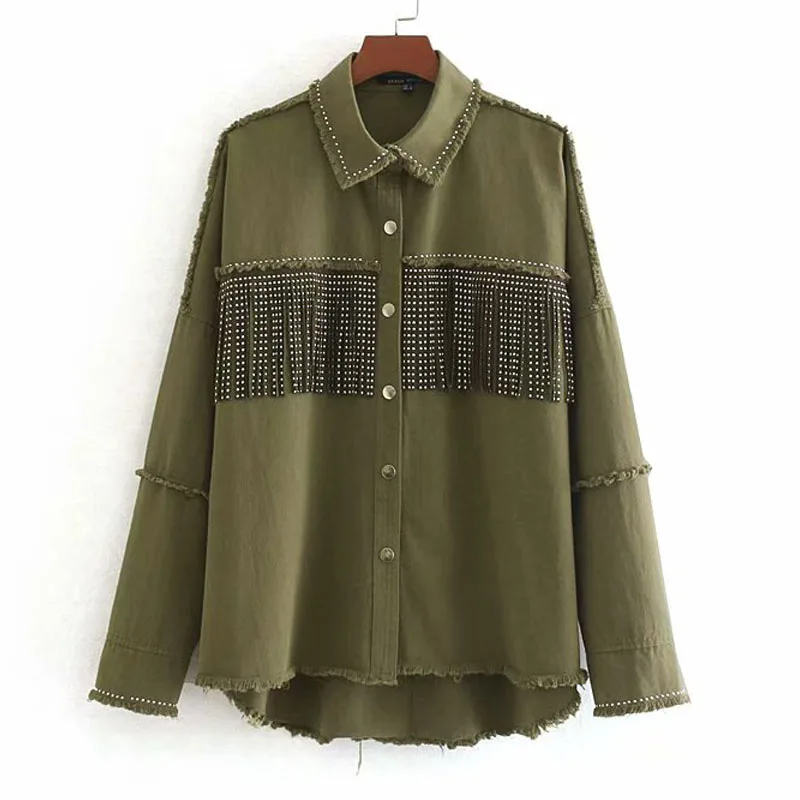 wonderful  Army Green Lapel Stylish Oversized Beading Decorate Denim Women Jacket Tassel Long Sleeve Coat Fema