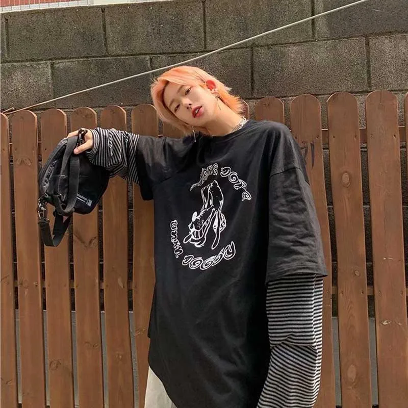 NiceMix Harajuku футболка уличная хип-хоп Осенние футболки для мужчин и женщин Повседневная футболка с длинным рукавом Свободная футболка с принтом японской собаки