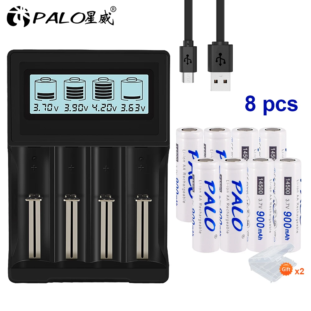 PALO 3.7V 18650 battery charger for 18650 26650 16340 14500 lithium battery+14500 AA Li-Ion Rechargeable Battery - Цвет: 8pcs and charger