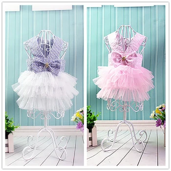 

Pet striped blue pink bow fresh layer cake dress princess skirt dog clothes Teddy VIP bichon dress strap dress spring and summer