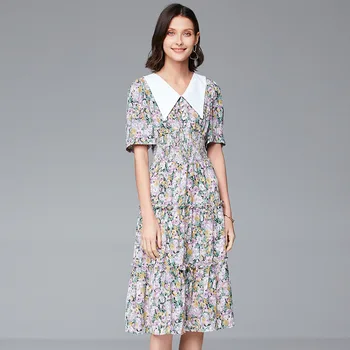 

New Contrast Small White Collar Short Sleeve Floral Dress For Women