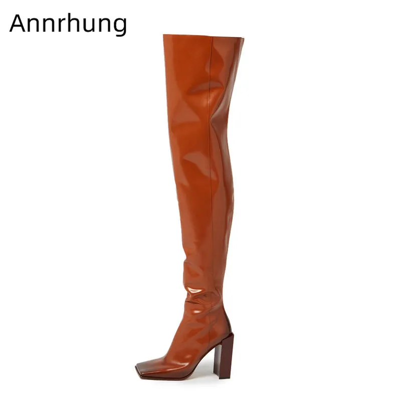

Retro Thigh High Boots Women New Autumn 2019 Square Toe Block High Heel Booties genuine Leather Fashion Runway Long Botas Mujer