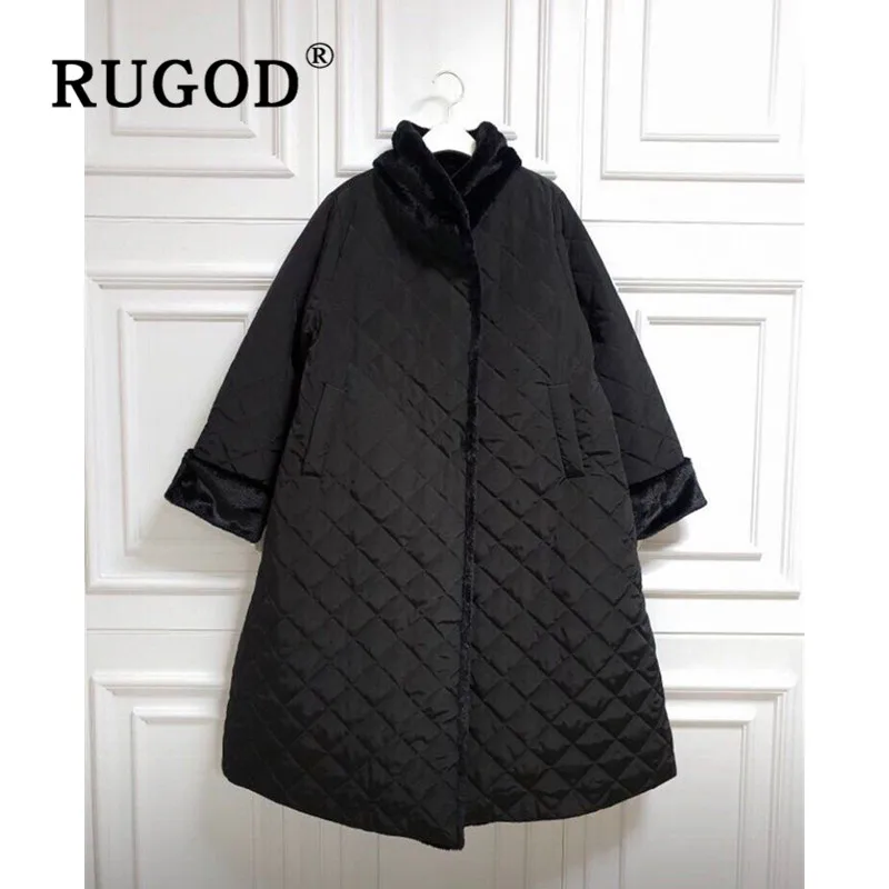 RUGOD New Winter Women Thick Cutton Coat Velvet Turn-down Collar Diamond Block Lattice Warm Long Jacket French Elegant Coat