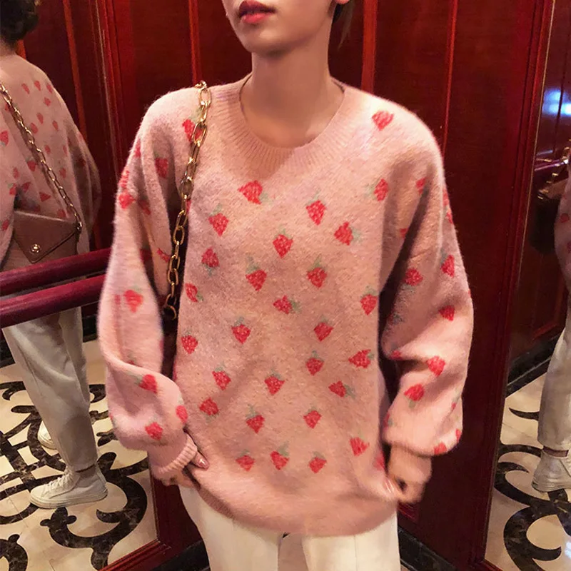 Women Cute Knitted Sweater Lovely Strawberry Long Sleeve Pink Sweet