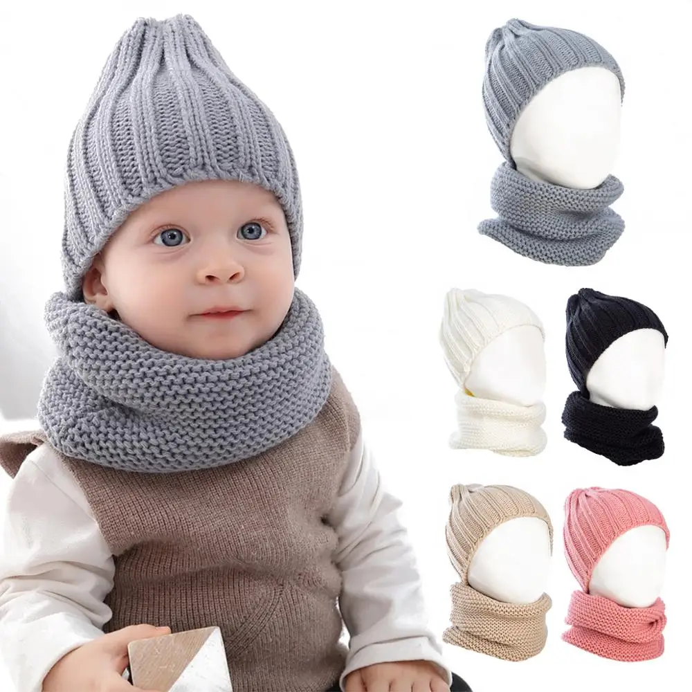 

2019 New Winter Hat Scarf Set Boys And Girls 2 Pieces Children Cotton Warm Solid Color Knit Cute Hat Scarf Warm Accessories