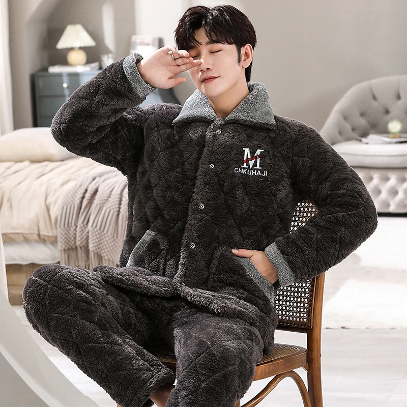 Warm Sleepwear Men's Flannel Winter Pajama Male Thick Long Sleeve Casual Pyjamas Men Coral Fleece Sleep Trouser Suits Plus Size images - 6