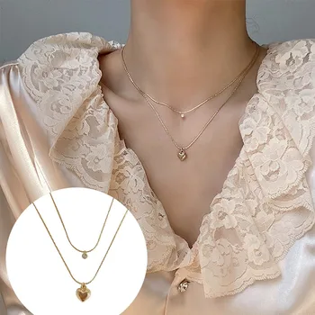

JIAN Fashion Choker Necklace for Women Two Layers Heart Pendant Birthday Gifts for Girlfriend Gold Color Neck Chain Jewelry