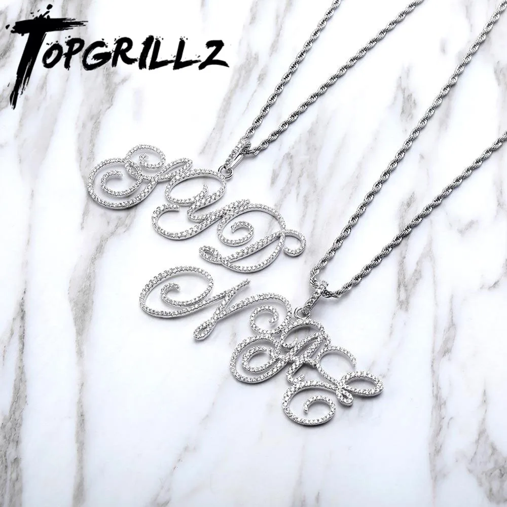 TOPGRILLZ Custom Name Cursive Letters Pendant Iced Out Cubic Zirconia Pendant Hip Hop Jewelry Gift With 4mm Tennis Chain