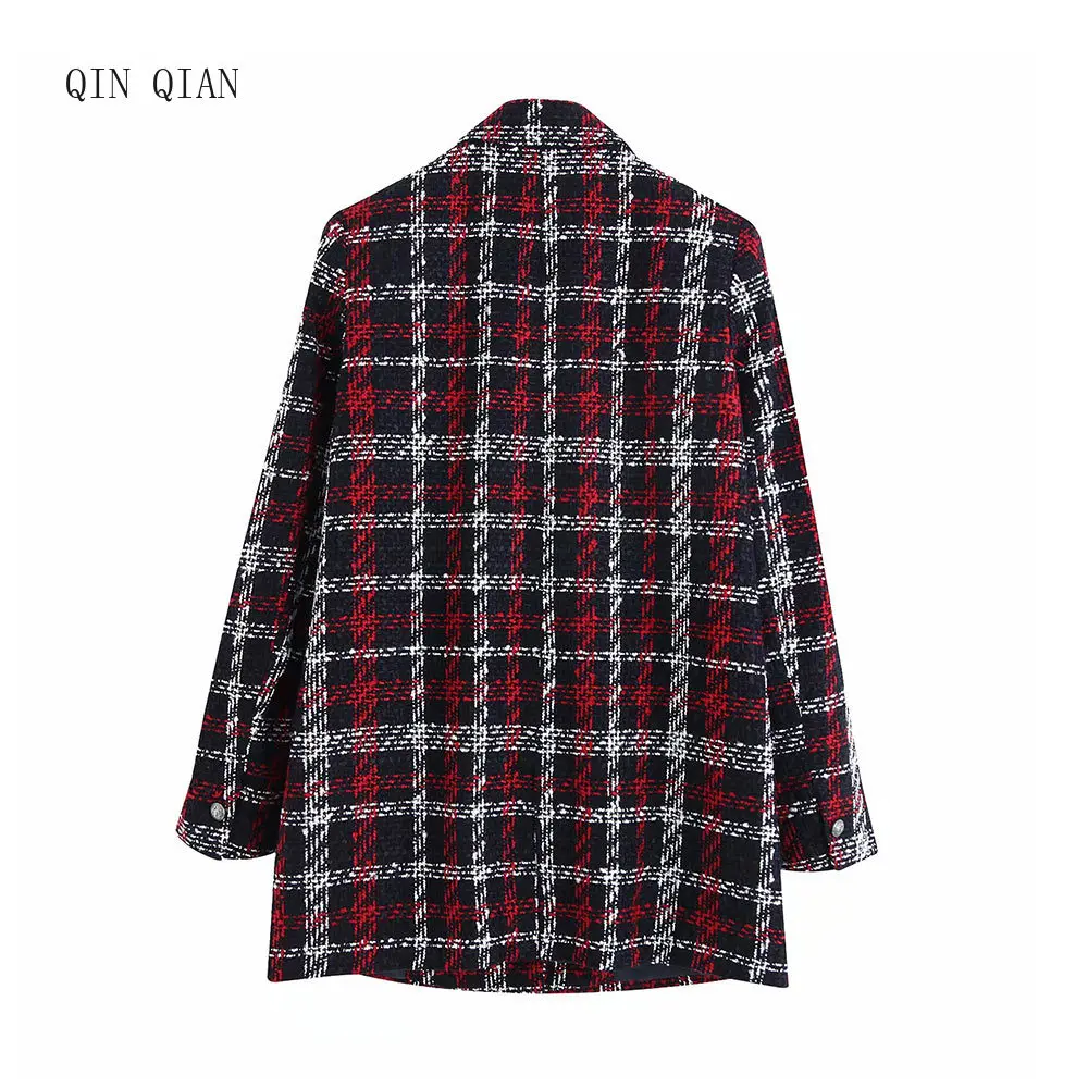 Women Office Lady Plaid Double Breasted Tweed Blazer Coat Vintage Fashion Long Sleeve Pockets Ladies Outerwear Chic Tops