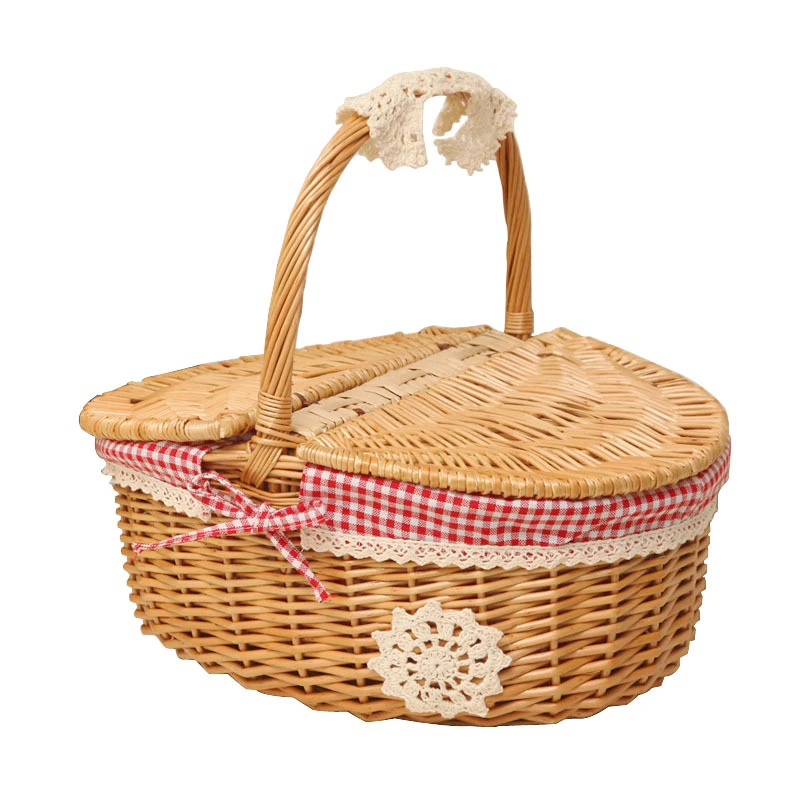 1pc Picnic Basket For 2 Person Heart Shaped Woven Wicker Willow Wood Hamper  Backpack Box With Lid Cover Handle For Gifts