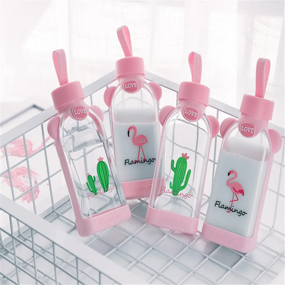 

350ml Cute Cactus Glass Water Bottle Girl Student Flat Juice Cup Student Portable Milk Bottle Pink Silicone Insulated Sleeve