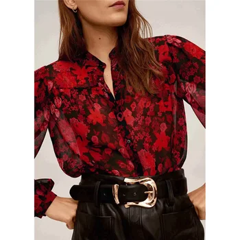 

2020 Za New Casual Fashion Lady Female Women Women's clothes Red Flower Print Collar Shirt Long sleeve summer
