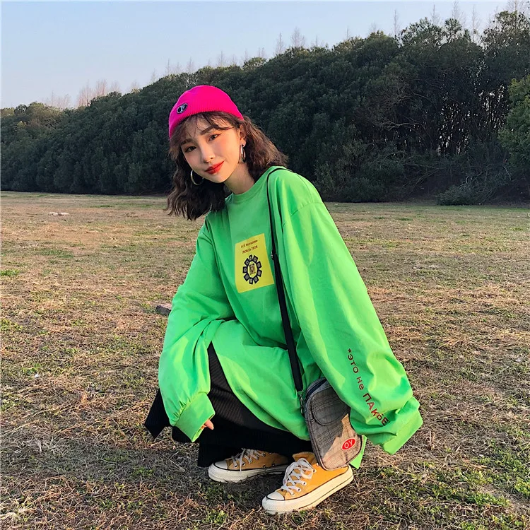 Harajuku модная футболка для женщин осенняя одежда корейский стиль Ulzzang хип хоп длинный рукав футболка Женская Повседневная зеленая футболка