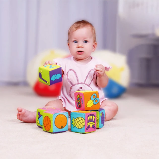 6Pcs/Set Kids Educational Toy Soft Cloth Plush Puzzle Rattle Building Block Cubed Infant Indoor Assembling blocks baby toy gifts 2