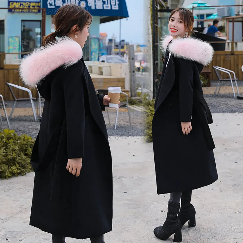 black pink fur Высококачественное осенне-зимнее женское Шерстяное Пальто очень большого размера, длинное шерстяное пальто с меховым воротником, элегантное роскошное пальто f2188 - Цвет: black pink fur