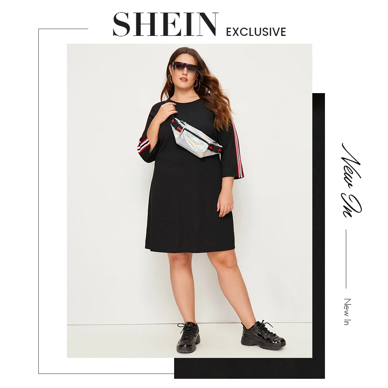 SHEIN плюс размер плюс черное Полосатое платье с лентой для женщин лето осень 3/4 Длина рукав плюс повседневные Прямые короткие платья