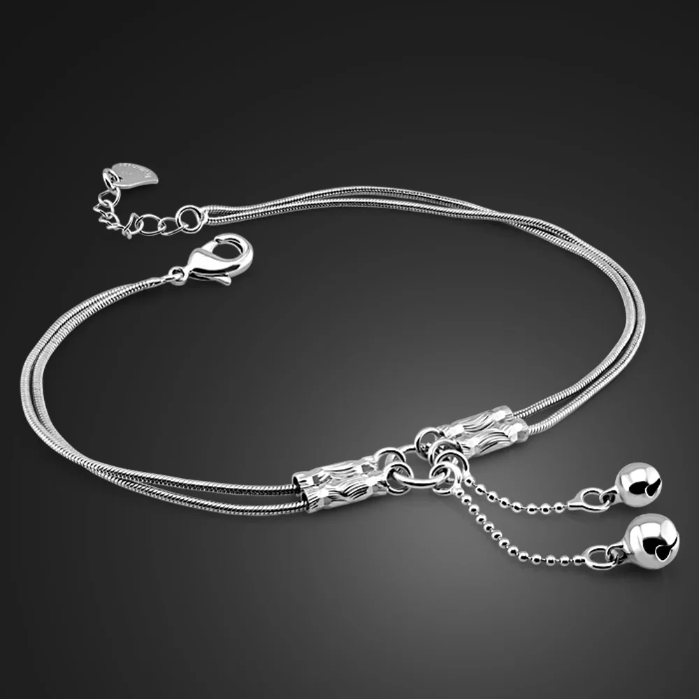 Fashion Cute Girl Bell Anklets Women Solid 925 Sterling Silver Snake Chain Anklets Contracted Double Chain 27cm Jewelry