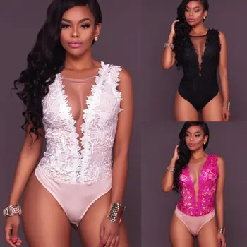 

Sexy Women Lace Flower Crochet V-Neck Slim Bodysuit Jumpsuit Summer Bodycon Mesh Sleeveless Bodysuits Leotard Top Romper Clothes