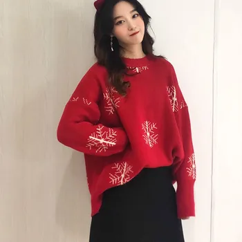 

Fashion Sweet Red Christmas Sweater Snowflake Bow Ptint Knit Pullover Loose Casual Thick Tops For Women