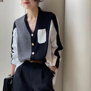 

2020 Patchwork Women Sweater Black Blue Cardigan Knitted Cardigan Knit Sweater Autumn Winter Tops Single Pocket Design Female