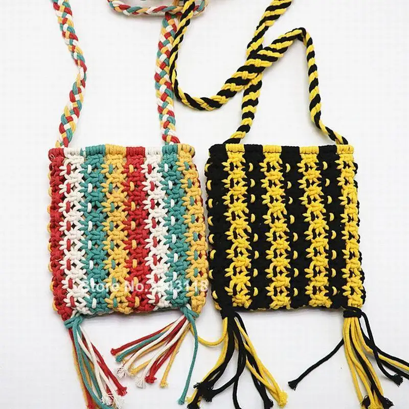 

Multi-Color Straw Bag Womens BOHO Shoulder Bag Messenger Bag Macrame Crochet Purse Cotton Tassle Hippie Style