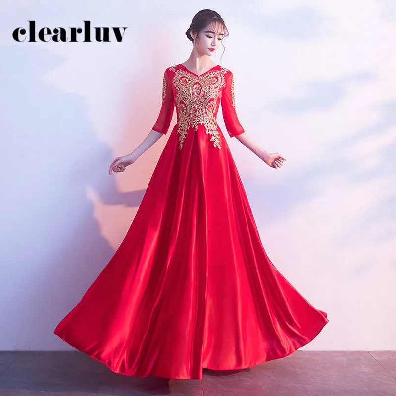 

Half Sleeve Party Dresse For Women R277 Appliques Pattern Elegant Evening Dress V-Neck Zipper Vestido De Fiesta A-Line Long Gown