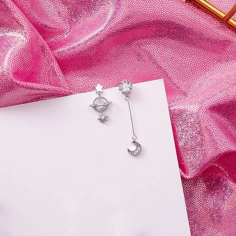 Silver color Новые корейские модные Асимметричные блестящие стразы Луна Звезда Серьги планета для женщин повседневные аксессуары - Окраска металла: Silver color