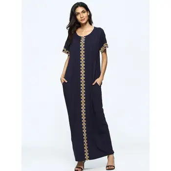 

summer patchwork design short sleeve abaya women casual maxi dress plus size kaftan ramadan EID robe islamic Judaic dubai gown