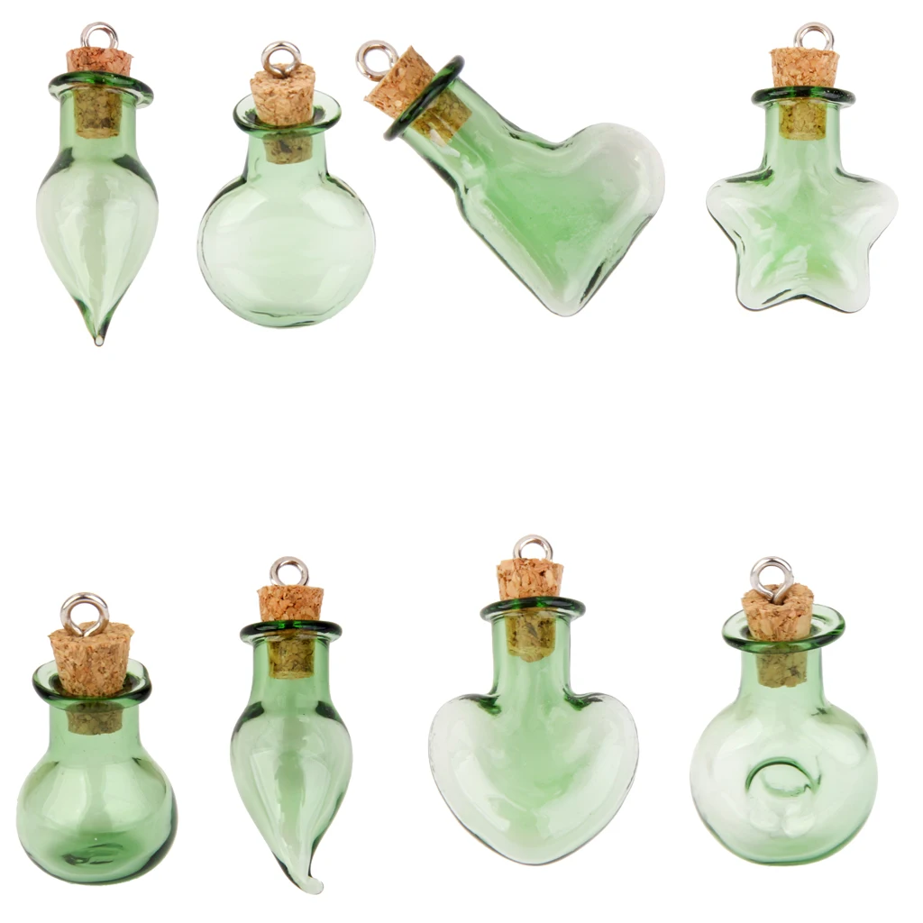 10 Glass Cork Flat Base Jars Vial Wishing Bottle w/ Loop DIY Pendants Green Fashion Lucky Decorations